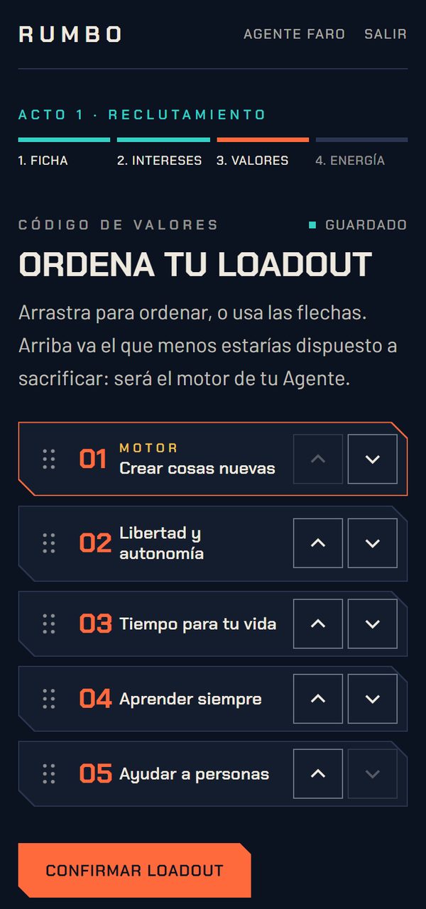 Captura de Rumbo: «Ordena tu loadout». Cinco valores numerados del 01 al 05, con «Crear cosas nuevas» arriba marcado como motor, flechas para subir y bajar cada uno y el botón «Confirmar loadout».